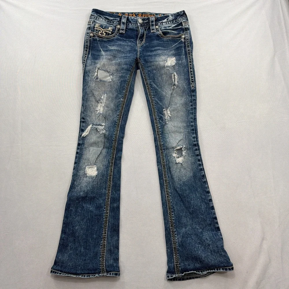 Rock Revival Jeans Sun Boot Distressed Embroidered Blue Women Size 26